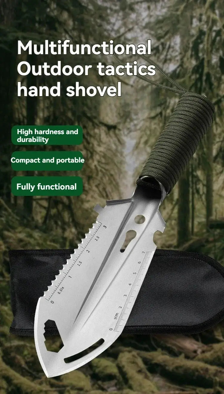 Multifunctional stainless steel hand shovel with built-in ruler, compact camping tool for outdoor use