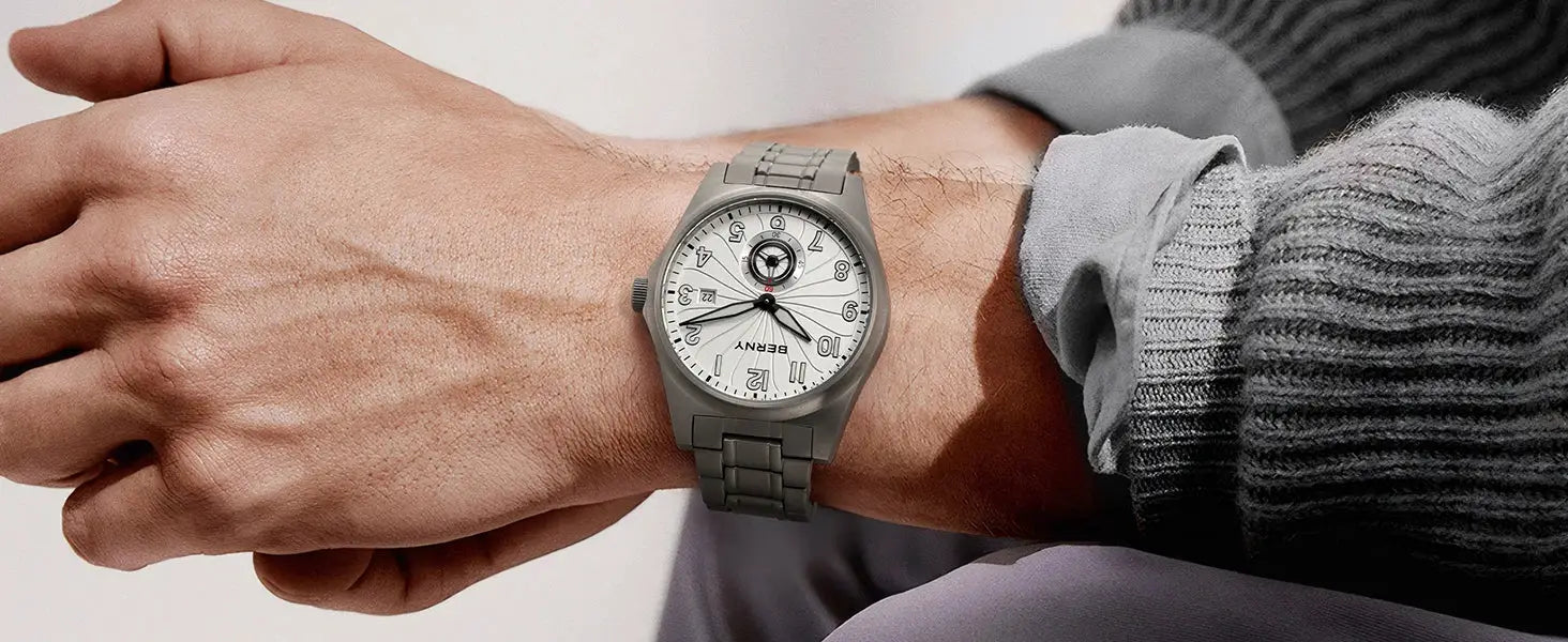 BERNY full titanium automatic men’s watch on wrist; silver dial, gray titanium bracelet