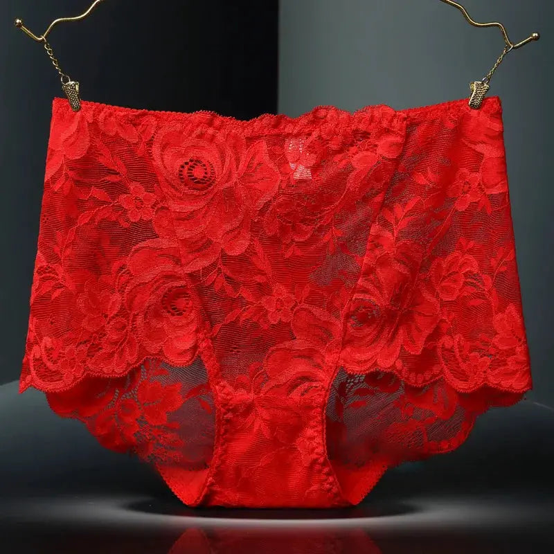 Red lace high-waist panties for women, plus-size lingerie