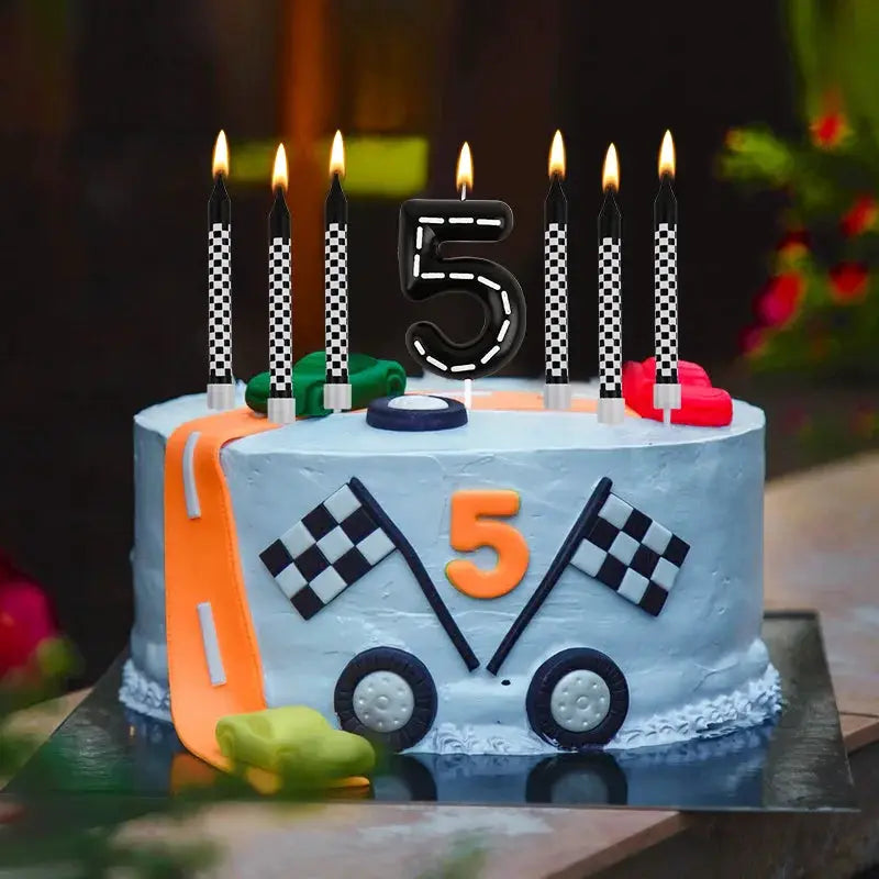 7 Piece Set Racing Car Themed Birthday Number Candles Black White Checkered Cake Topper For Kids Birthday Party