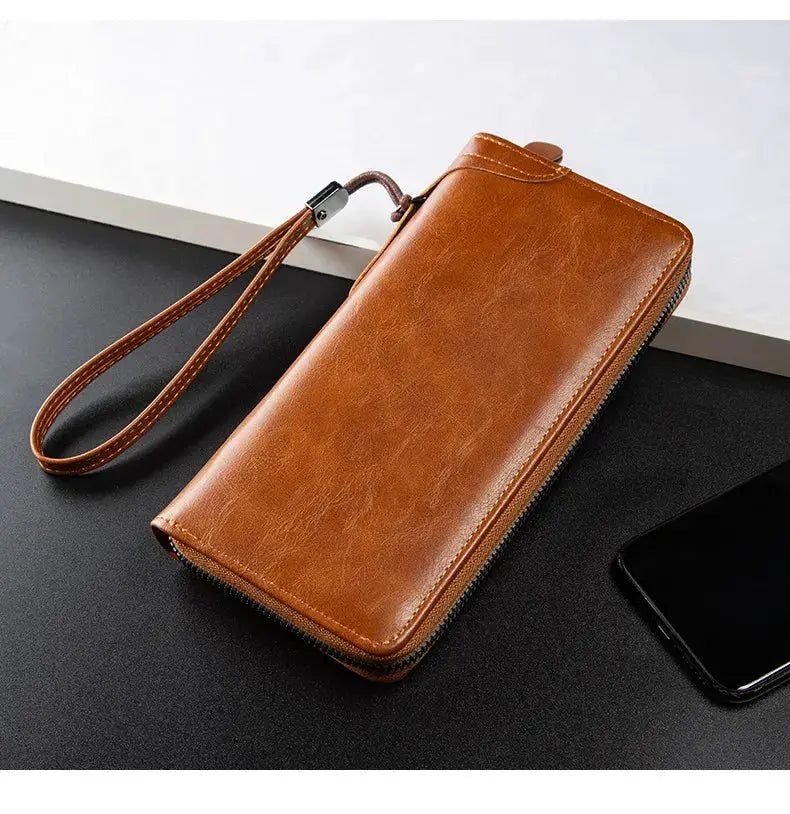 Men's brown PU leather long zip wallet with wrist strap