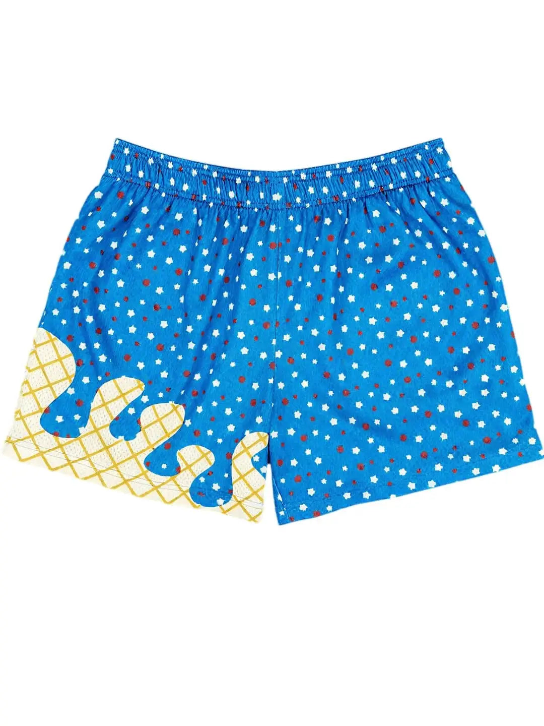 Ice Cream Print Baseball 101 Shorts, blue with white stars and red dots, elastic waistband