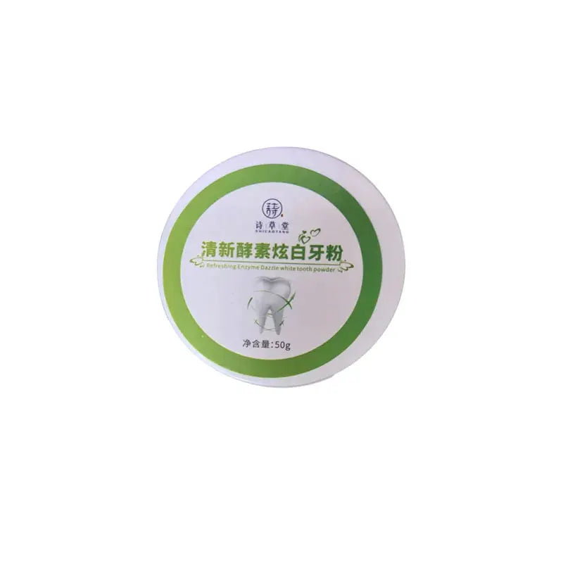 Tooth whitening powder tin with green ring label, 50g net weight