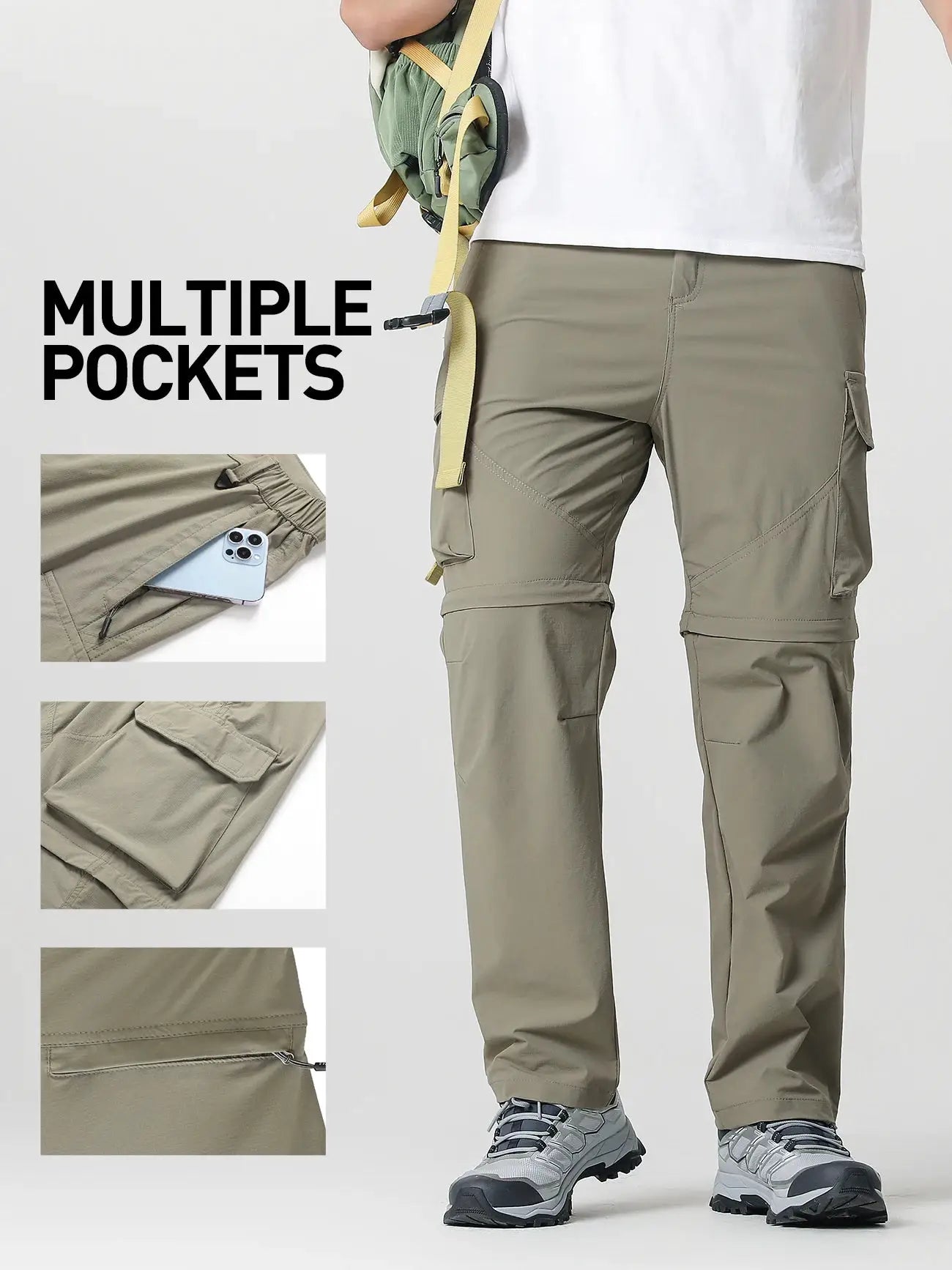 Men's Simples Market cargo hiking pants with zippered pockets, khaki, waterproof and quick-dry