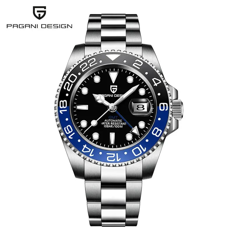 Pagani Design PD-1662 men's automatic GMT watch with stainless steel bracelet and blue/black ceramic bezel