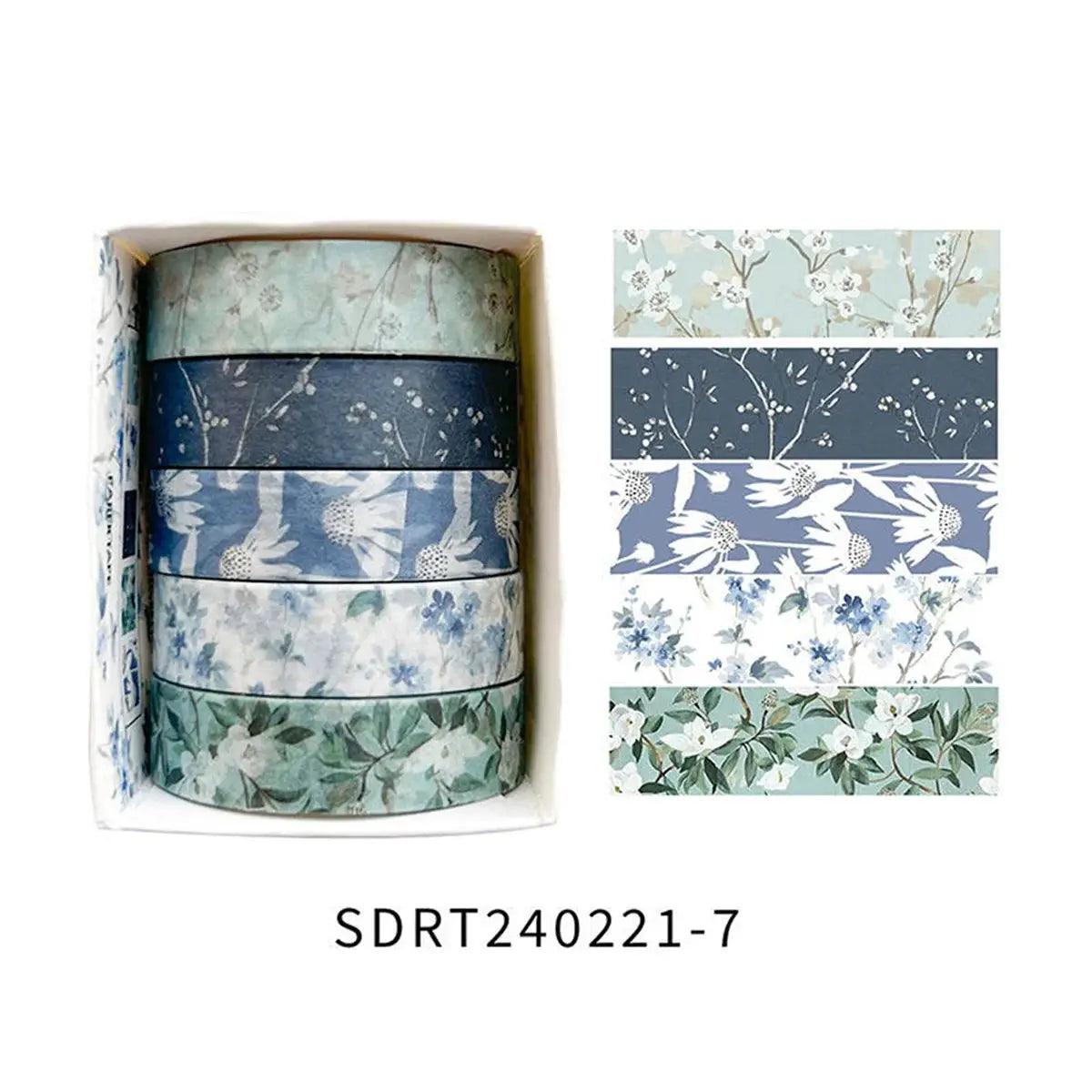 Floral washi tape set with 5 boxed rolls in blue and teal tones by Simples Market