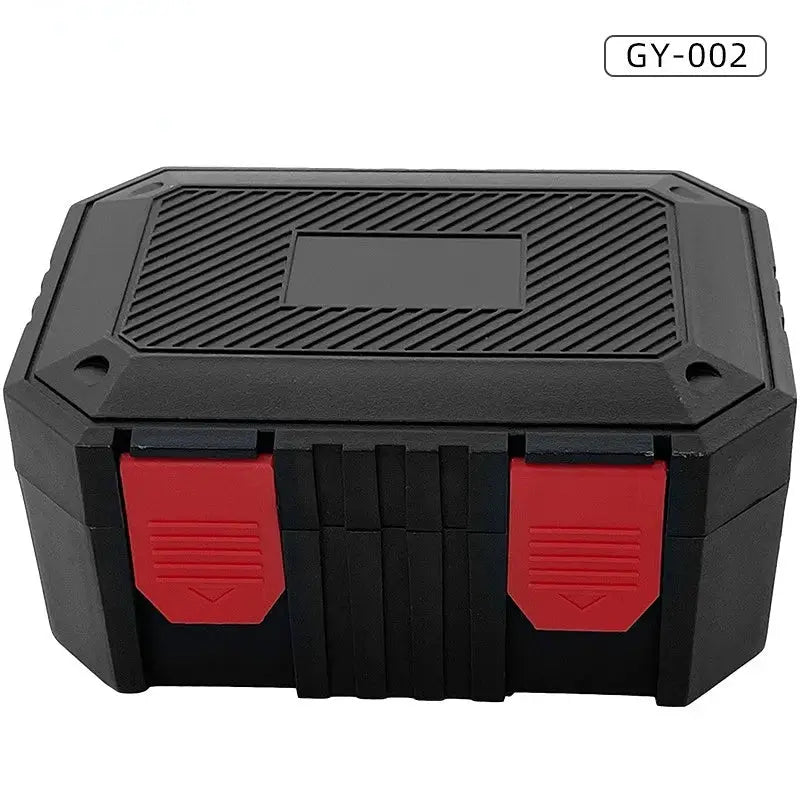 Plastic small toolbox with red latches, black textured lid, compact storage box