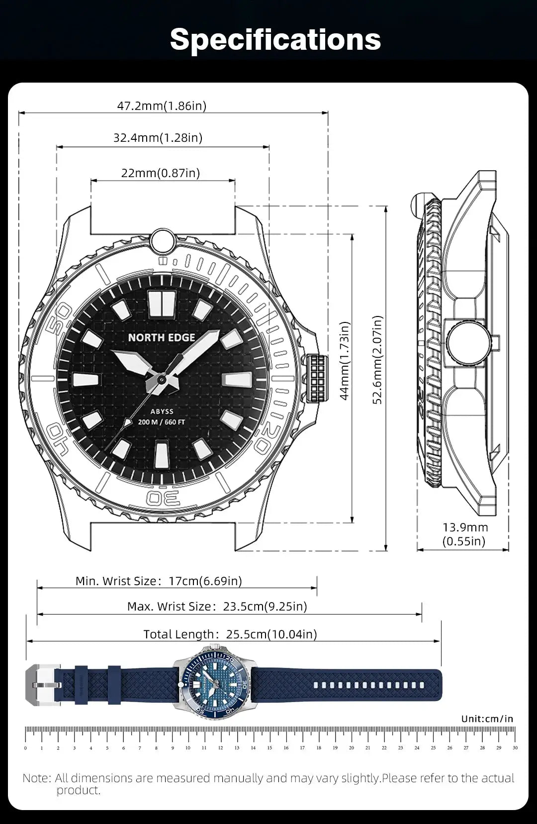 NORTH EDGE Abyss men's diving watch with 316L steel case, black dial, 200M water resistance, and blue strap