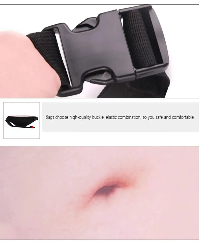 Simples Market waist bag with black adjustable strap and plastic buckle; close-up of skin on belly