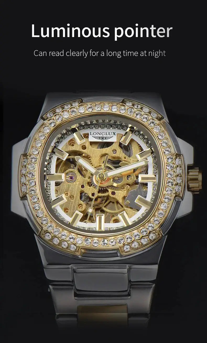 LONGLUX skeleton automatic men's watch with gold-tone case and diamond-studded bezel