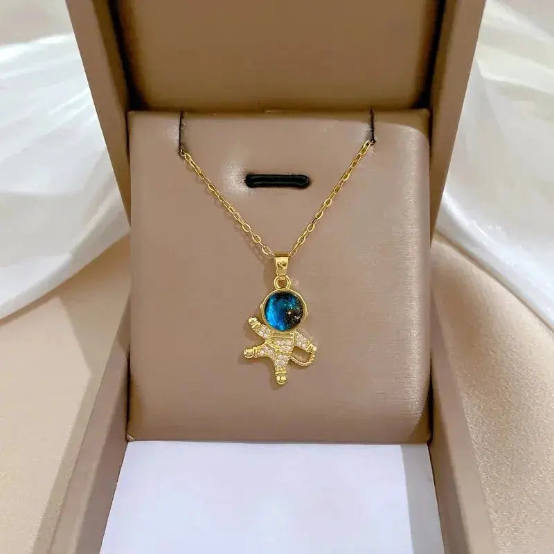 Light Luxury Titanium Steel Star Series Necklace For Women With Gold Planet Moon Astronaut Pendant Jewelry Gift