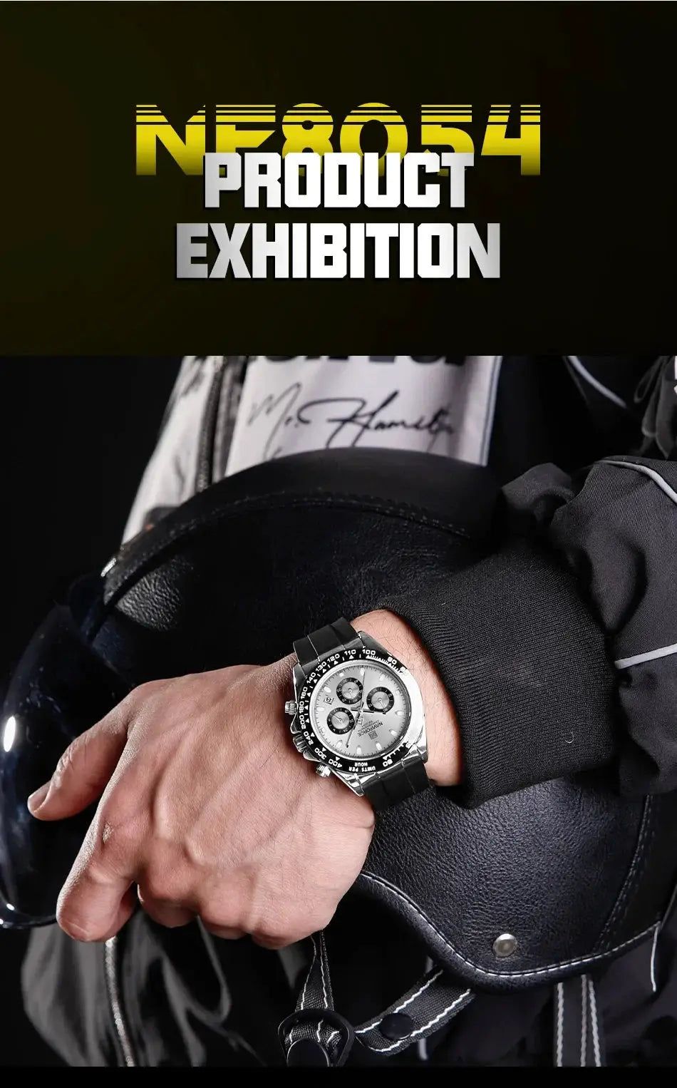 NAVIFORCE NF8054 men's watch with black silicone strap, silver chronograph dial, tachymeter bezel