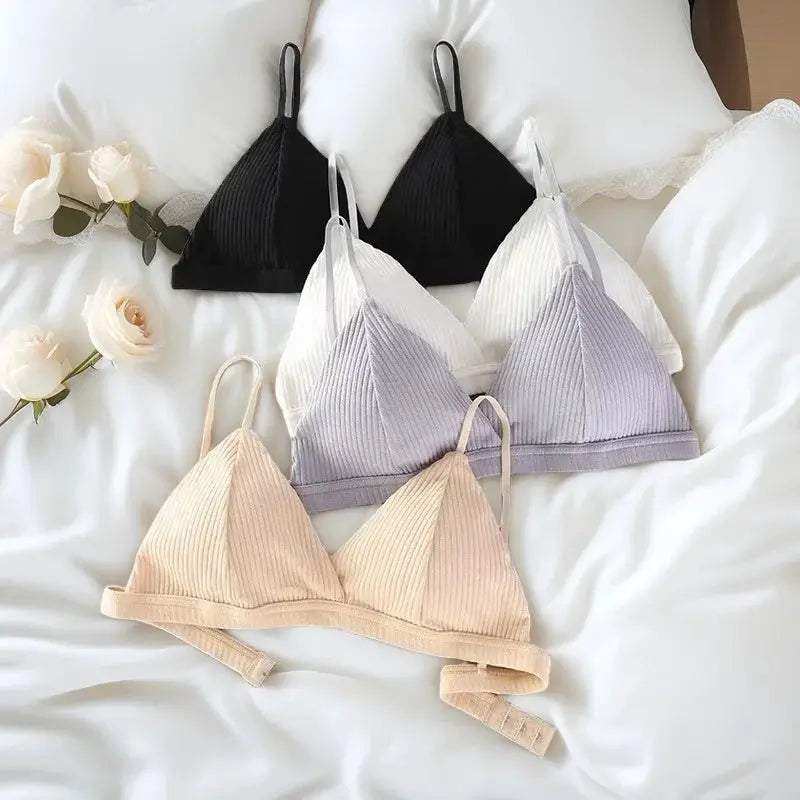 Women’s ribbed cotton push-up triangle bralettes set of four in black, lavender, beige, and white; wire-free