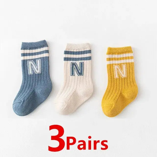 Three Pack Baby Letter Socks Knit Cotton Knee High Socks For Infants Toddlers Cute Stripe Pattern
