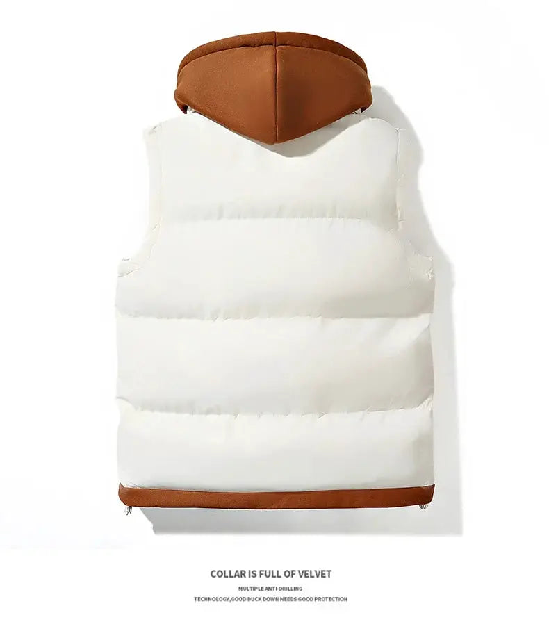 Simples Market hooded men's puffer vest, white with brown hood and hem