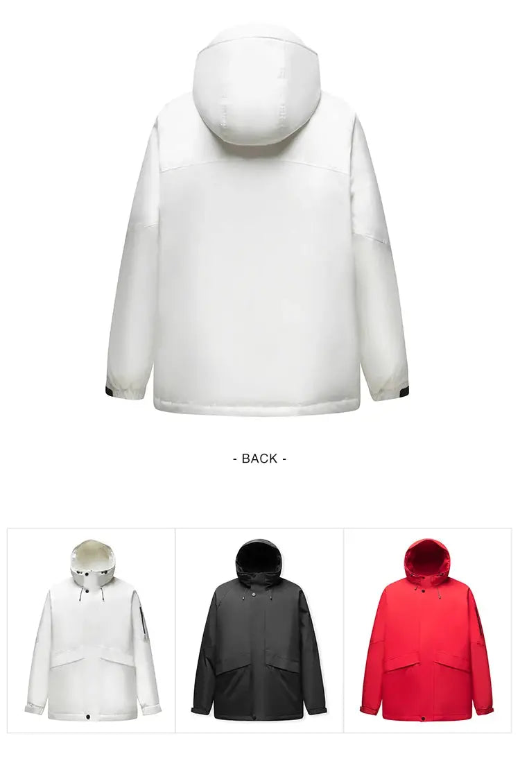 Semir men's hooded down jacket, white back view; mid-length, color options white, black, red.