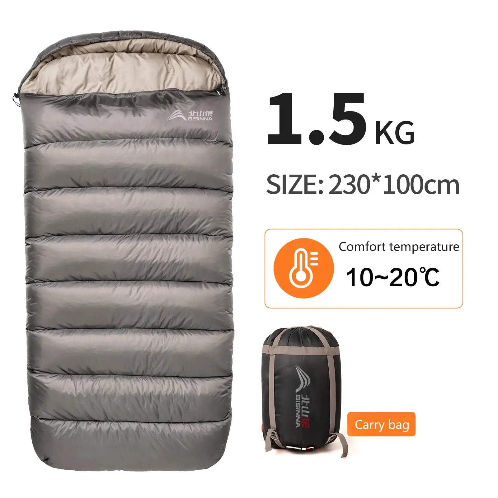 BISINNA large camping sleeping bag, grey, 1.5 kg, size 230×100 cm, carry bag included