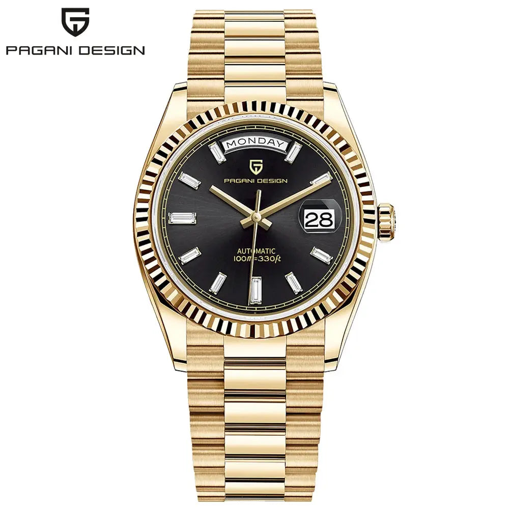 Pagani Design gold-tone 36mm automatic men's watch with black dial, day/date windows, stainless steel bracelet.