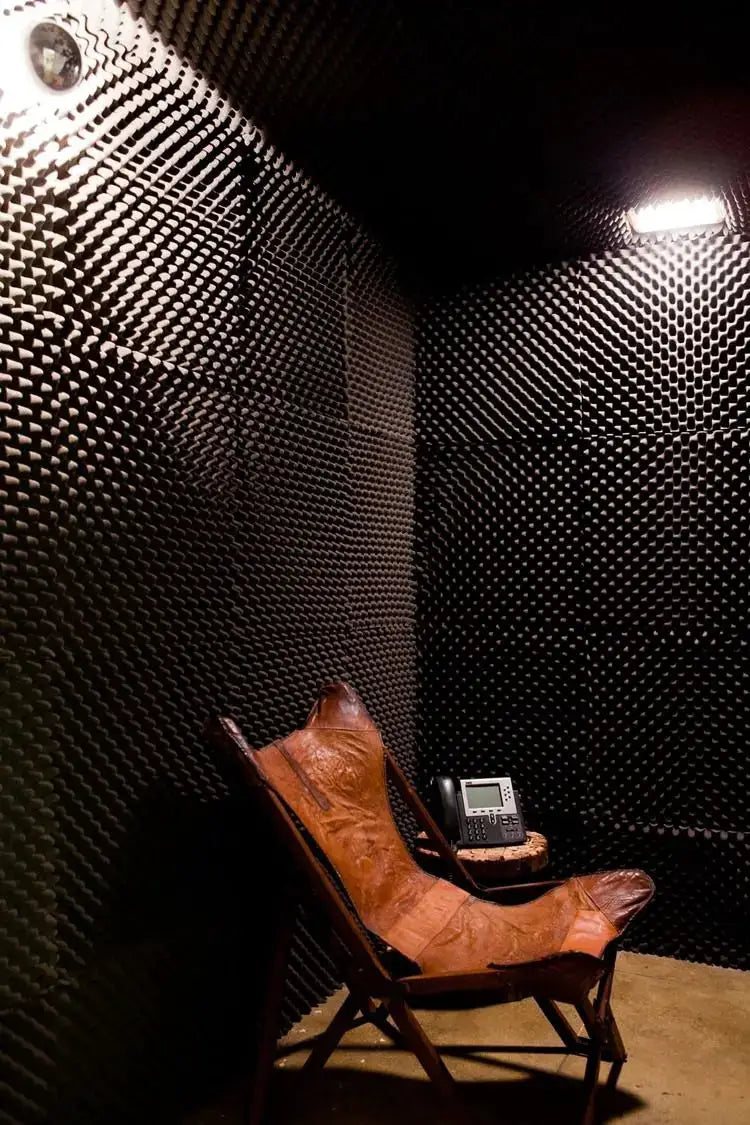 TOUO Egg Trough acoustic foam panels on black walls in a soundproof booth with brown leather chair and phone
