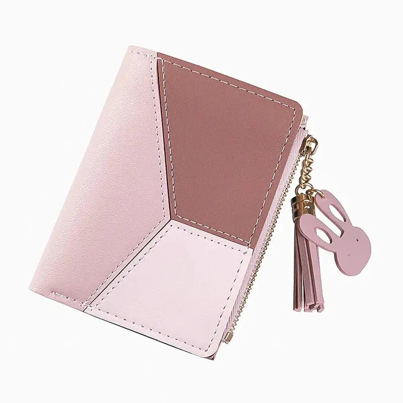 Simples Market pink PU leather wallet coin purse with color-block panels and a zipper tassel charm