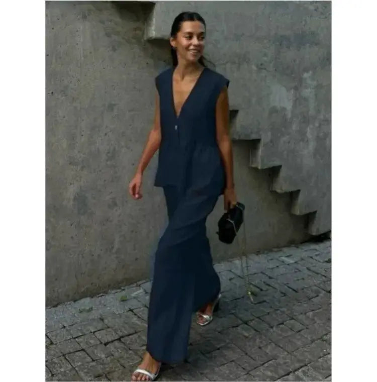 Women Sleeveless V Neck Top Two Piece Summer Set With Straight Pants