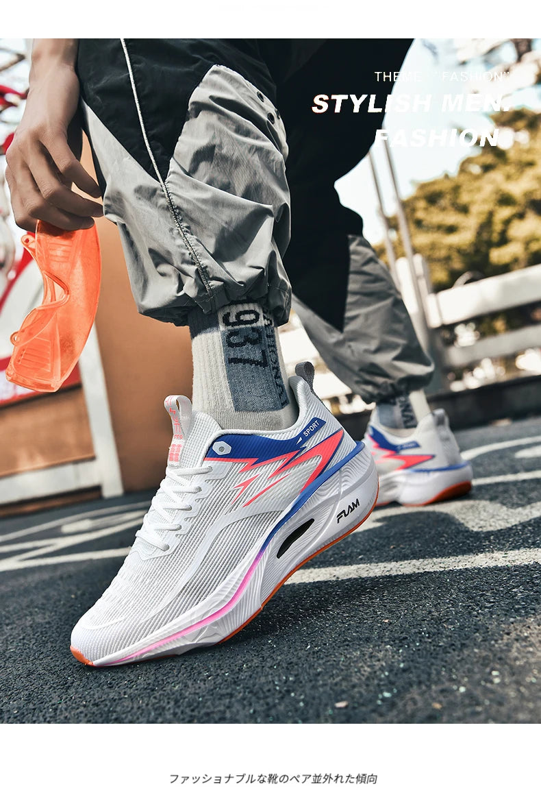 Men's running shoes with air-cushioned sole; white mesh with blue/pink accents, lightweight sneakers