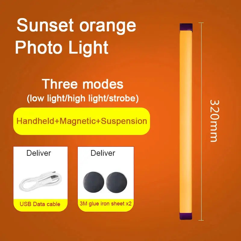 Sunset orange photo light LED lamp, 320mm bar with purple ends; three modes: handheld, magnetic, suspension.