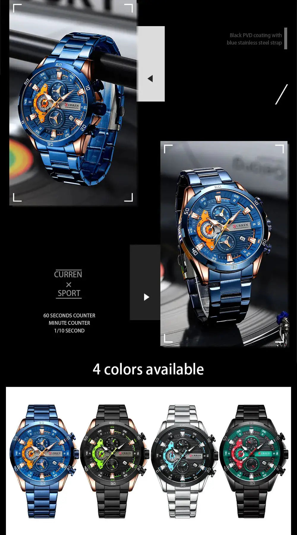 Curren 8402 blue stainless steel chronograph wristwatch with luminous dial, 4 color variants shown