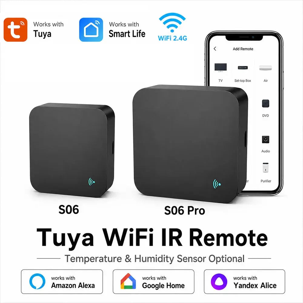 Two Tuya S06 and S06 Pro WiFi IR remotes with optional temp/humidity sensor; black smart home devices by Simples Market.