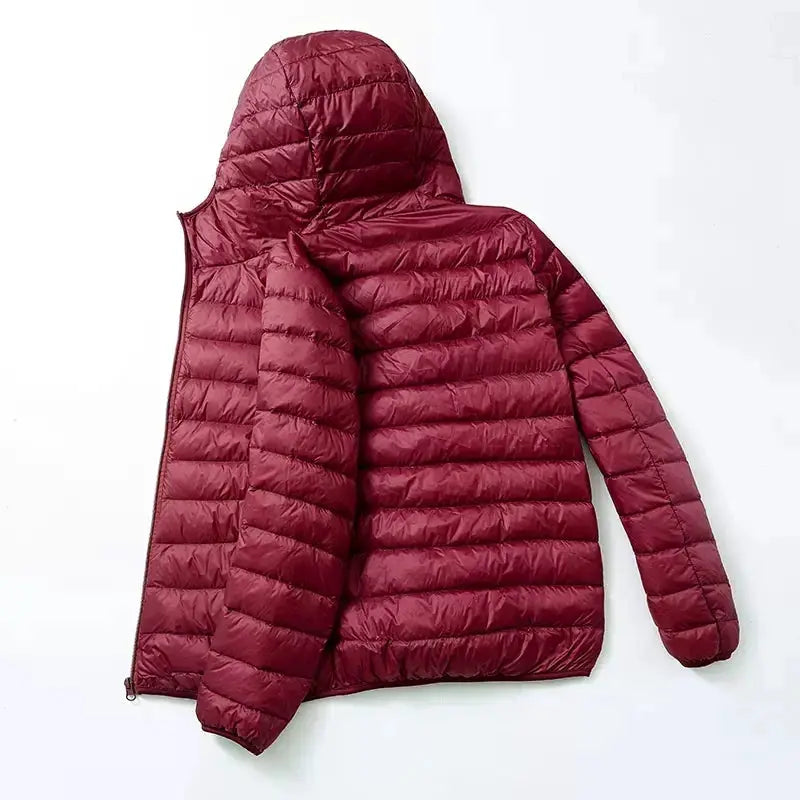 Men's burgundy ultralight duck-down hooded jacket with quilted pattern