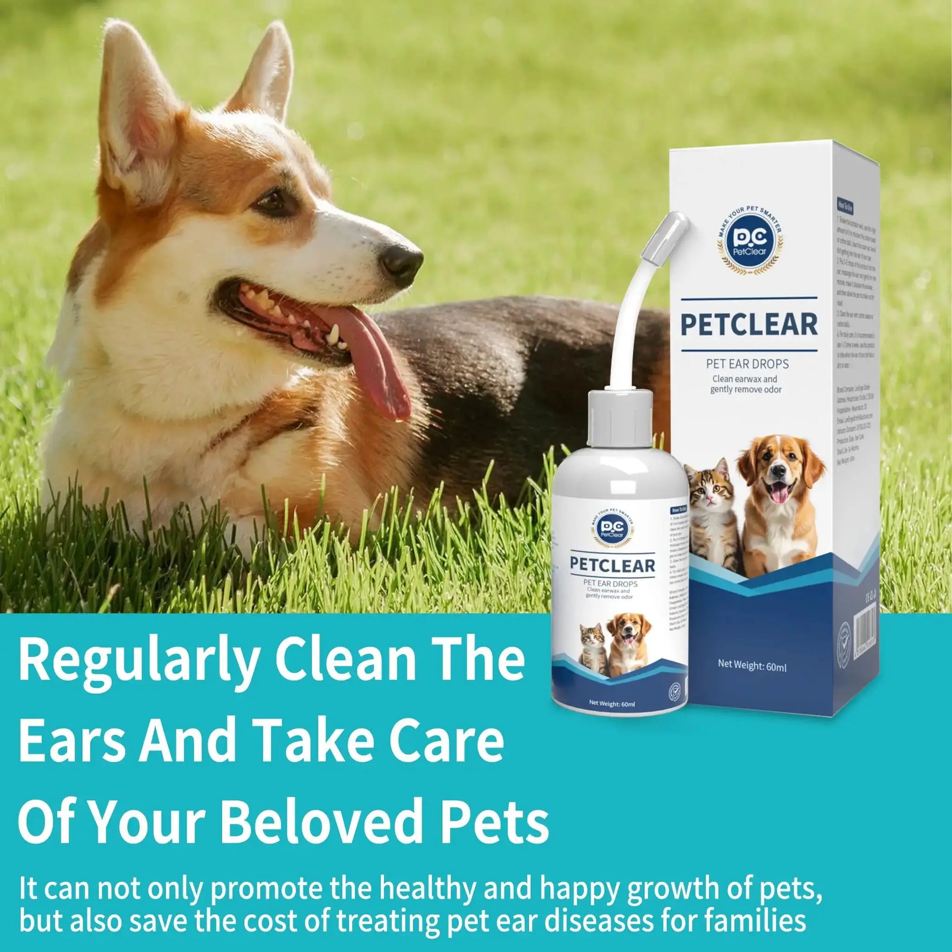PetClear 60ml Natural Ear Drops by Simples Market; white box and dropper bottle for dogs and cats.