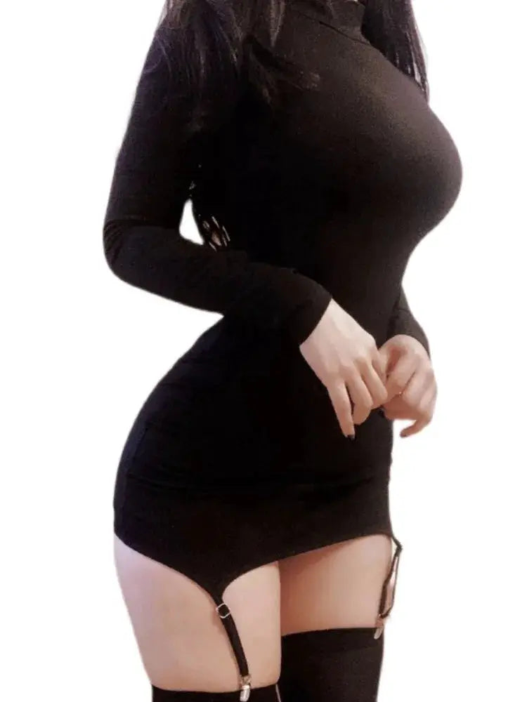 URSFOCUS Korean Style Long Sleeve Mini Dress O Neck Slim Fit Women