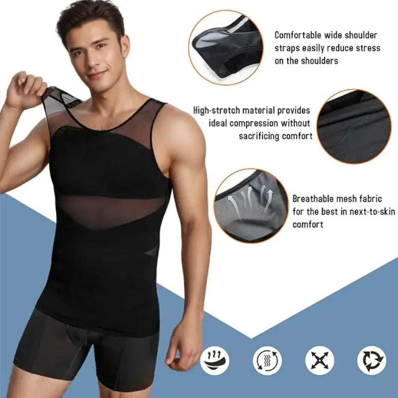 Men's compression tank top by Simples Market, black undershirt with chest and abdomen control and breathable mesh.