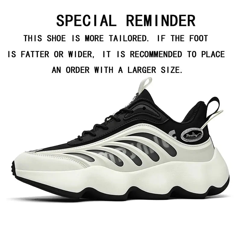Men's sneakers by Simples Market; black upper with white chunky sole and wave-cutout side panels