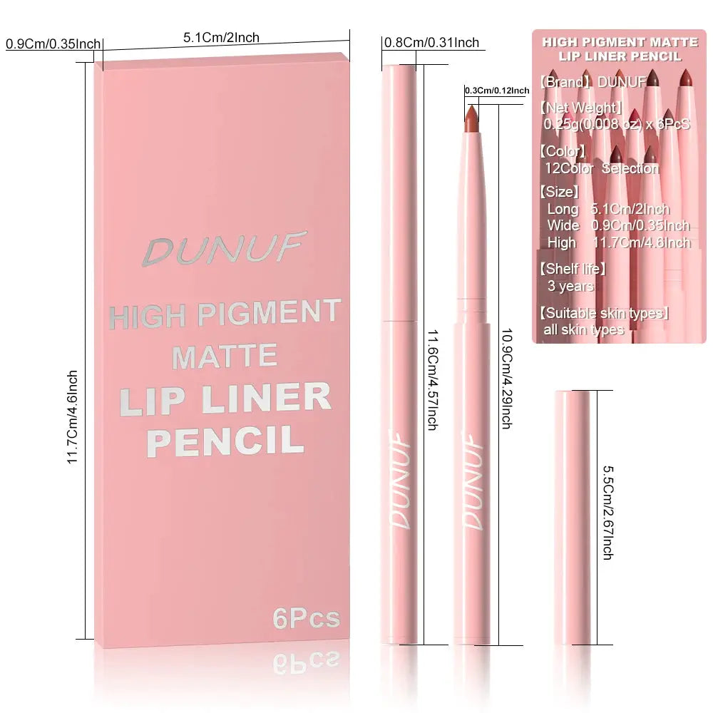 LuxeLips Six Piece Lip Liner Pen Set Long Lasting Waterproof Sweatproof Color Rendering for Precise Definition