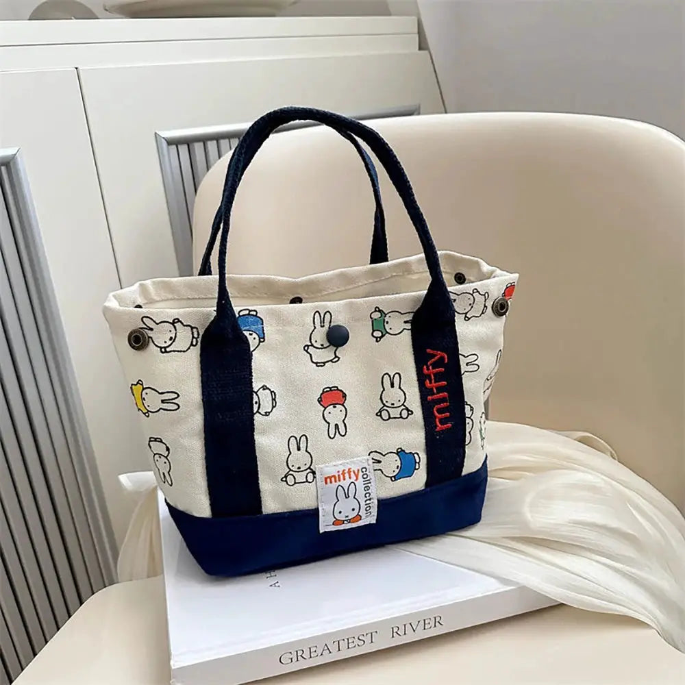 Kawaii Miffy Cute Handbag Cartoon Rabbit Canvas Embroidery Bag Multifunctional Bento Storage For Girls