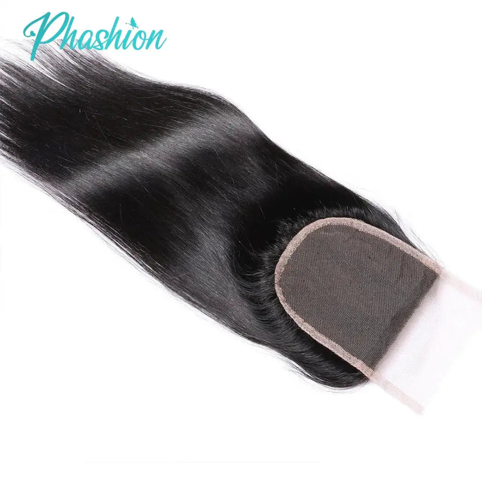 Phashion lace closure hair extension, straight black, 24–26 inch with Swiss transparent lace