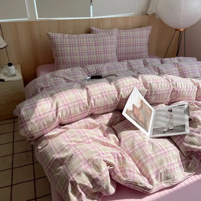 Pink plaid 100% cotton bedding set with duvet cover and 2 pillowcases