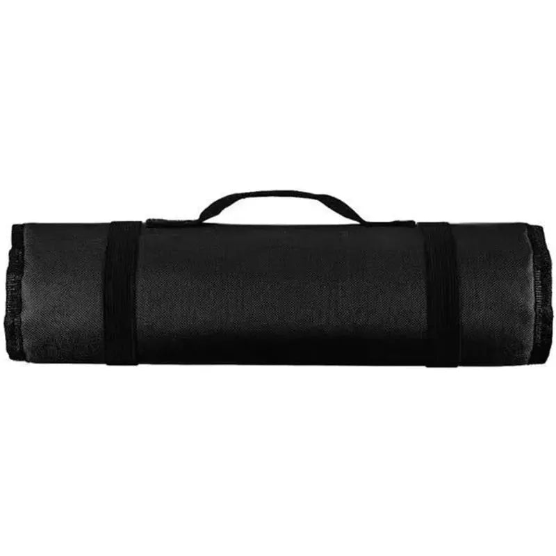 Roll tool bag in heavy-duty black nylon with carrying handle for portable tool storage