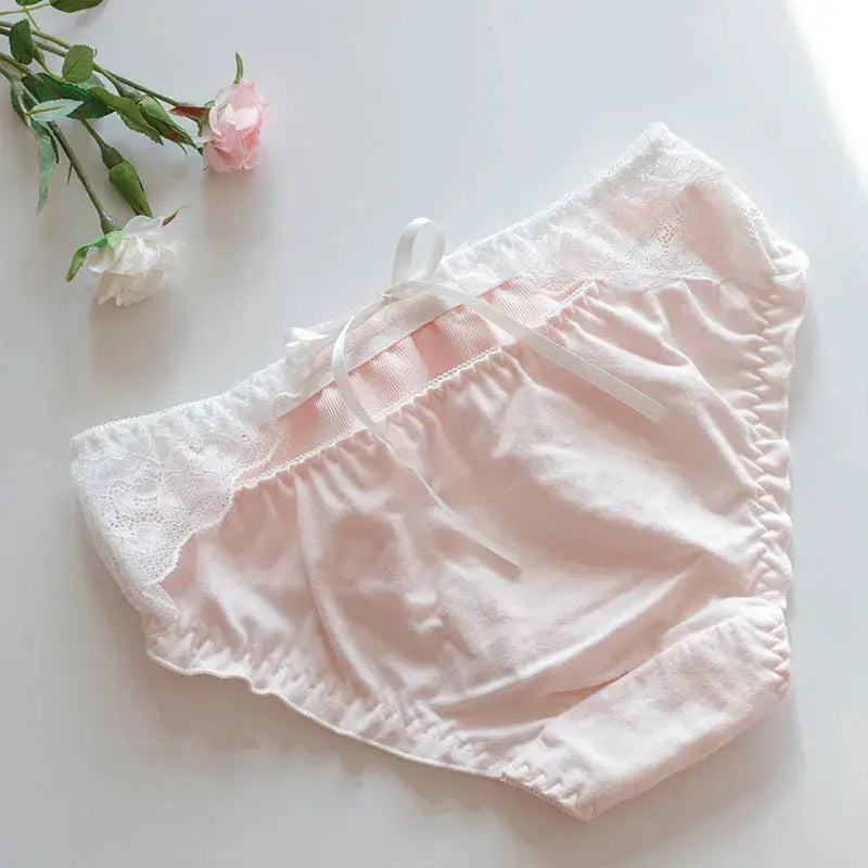 Women cotton panties in pink with lace waistband and bow, soft and comfy briefs