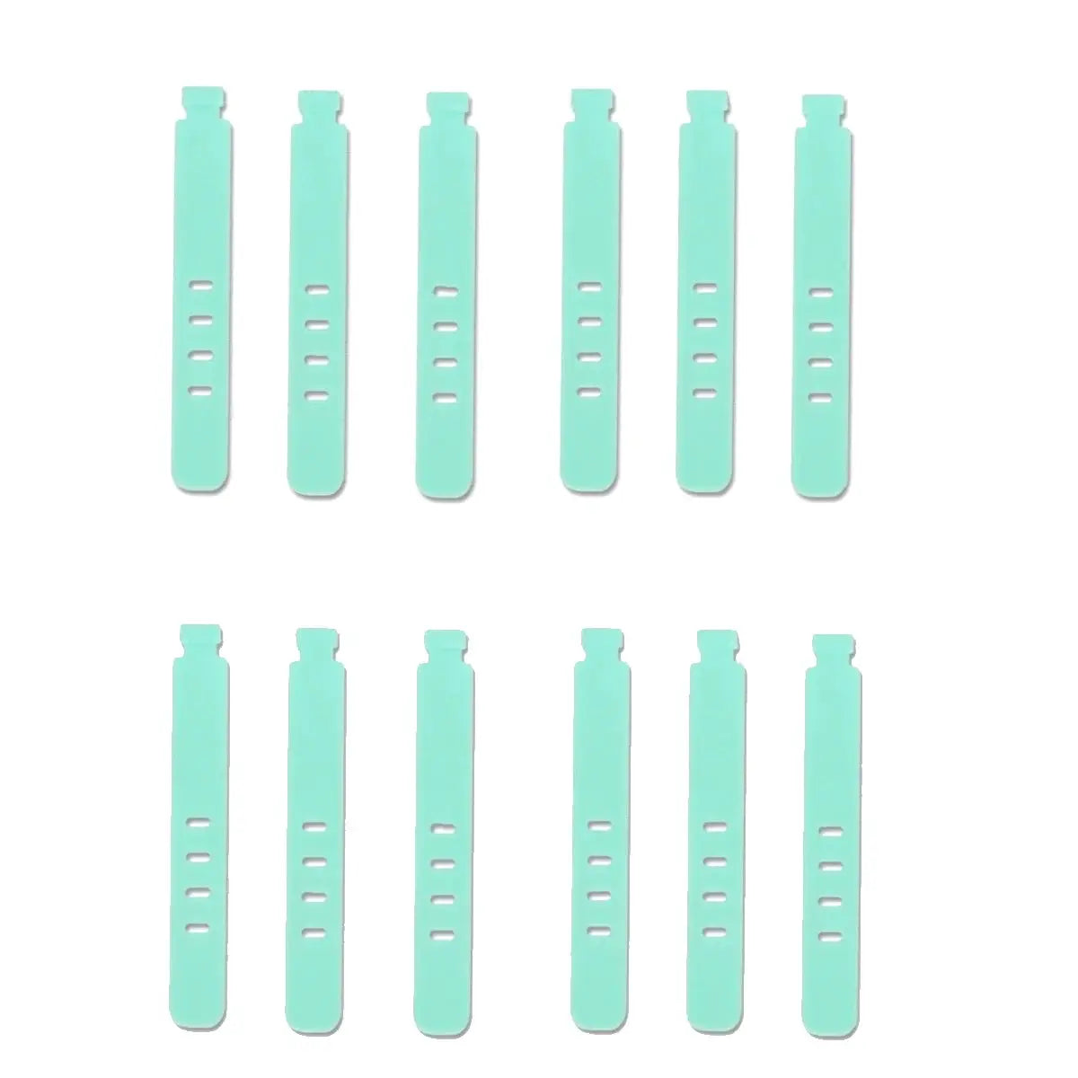 12-pack mint green silicone cable tie straps for cord management, reusable wire holder clips