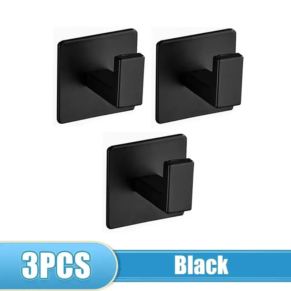 3-pack black adhesive wall robe hooks for bathroom towels and coats