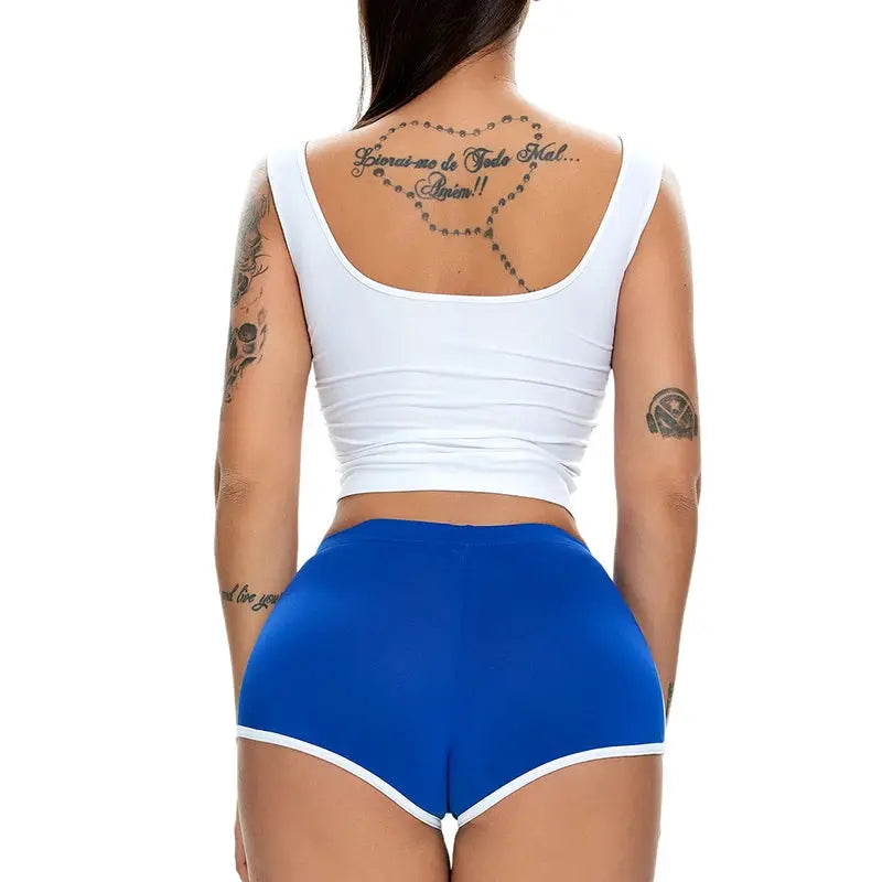 Women's blue stretch sports shorts with white trim, back view