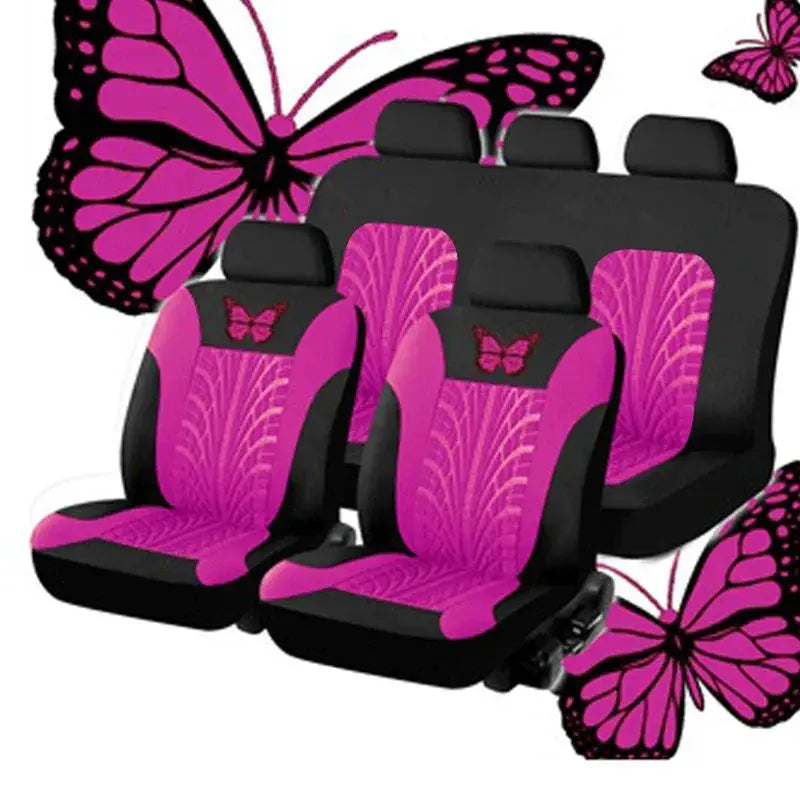 Car seat cover full set, universal fit, pink butterfly embroidery on black fabric by Simples Market