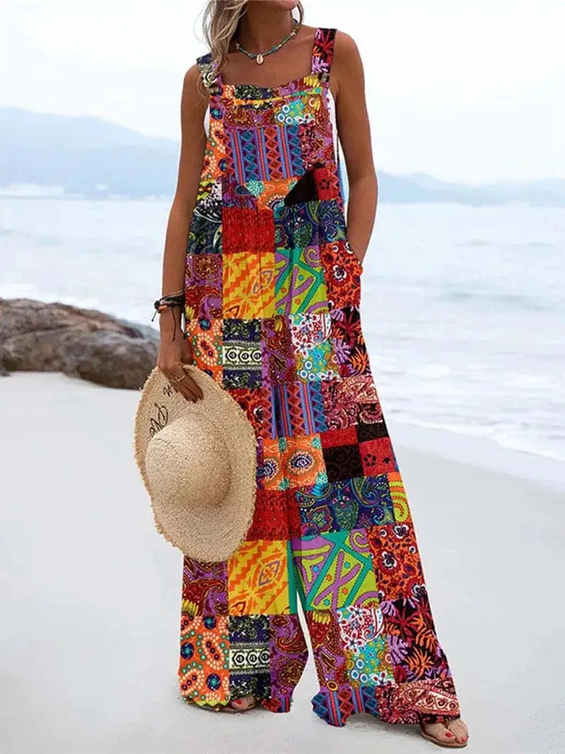 Women's jumpsuit with colorful patchwork print, sleeveless, loose wide-leg maxi by Simples Market