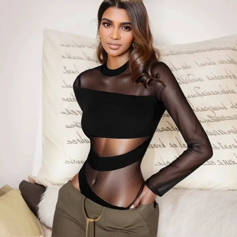 Simples Market black mesh jumpsuit with diagonal hollow panels and long sleeves, clubwear
