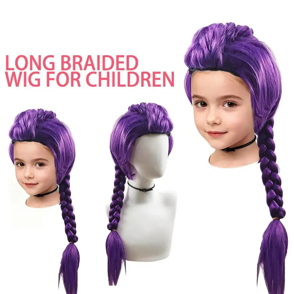 Cosplay wig by Simples Market, purple with long braids and side ponytail for children.