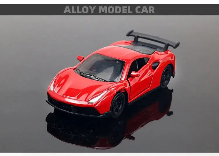 Drift car toy model, red alloy sports racer with rear spoiler.