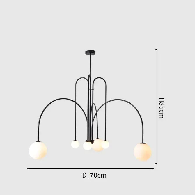 Nordic minimalist pendant light, black metal with curved arms and white glass globes, 70 cm dia, 85 cm high