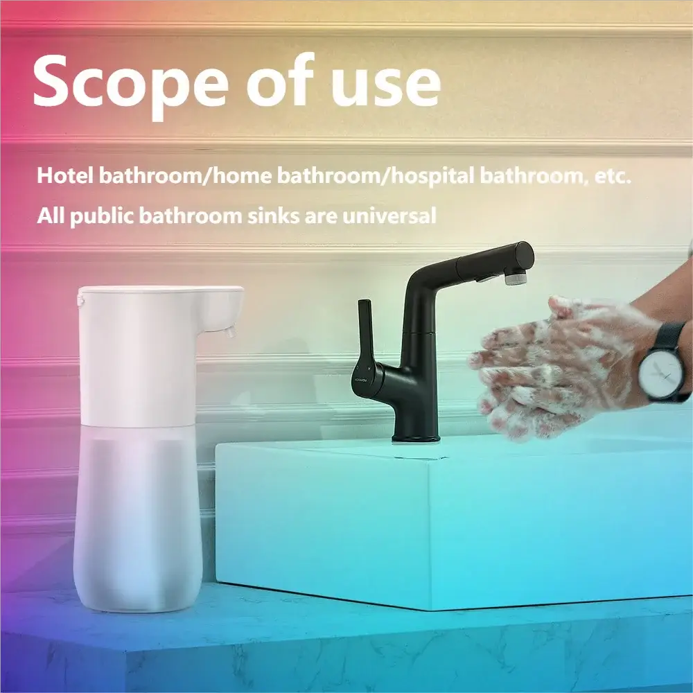 HOMEFISH smart sensor automatic soap dispenser (white) 350ml beside a black faucet; two items shown during handwashing
